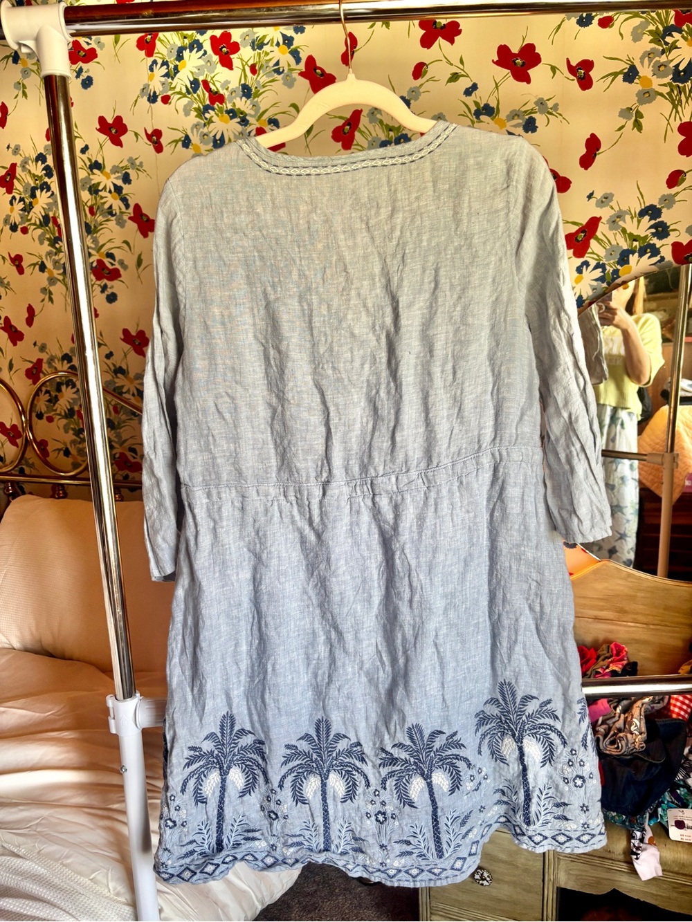 spartina 449 medium blue linen embroidered palm tree tunic dress coastal boho - Picture 5 of 9